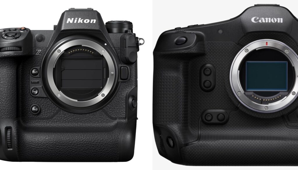 Front comparison of Canon EOS R1 and Nikon Z9 cameras without mounted lenses