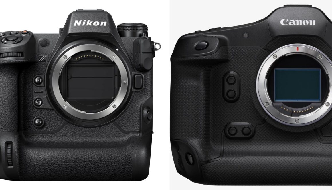 Comparación frontal de las cámaras Canon EOS R1 y Nikon Z9 sin objetivos montados