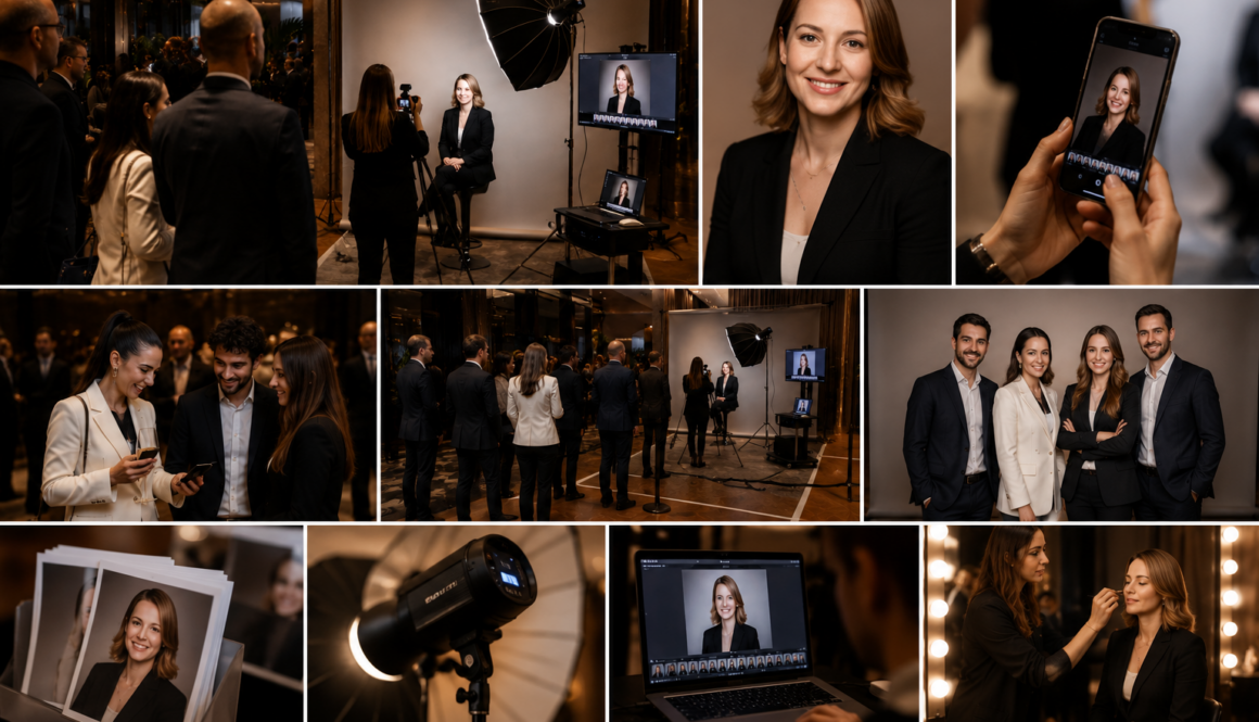 Luxury corporate event portrait photography setup with LinkedIn headshot station and professional lighting in Madrid.