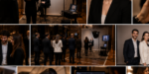 Luxury corporate event portrait photography setup with LinkedIn headshot station and professional lighting in Madrid.