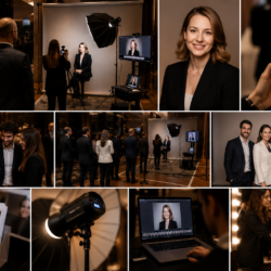 Luxury corporate event portrait photography setup with LinkedIn headshot station and professional lighting in Madrid.
