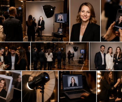 Luxury corporate event portrait photography setup with LinkedIn headshot station and professional lighting in Madrid.